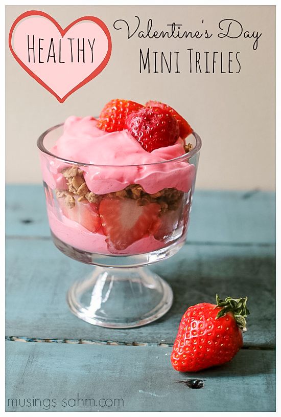 Easy, healthy Valentine's Day Mini Trifles… festive and decadent without being full of extra sugar.  With the simple, healthy ingredients of strawberries, yogurt and granola, this recipe is perfect for a filling Valentine's Day snack or even a great Valentine's Day breakfast.