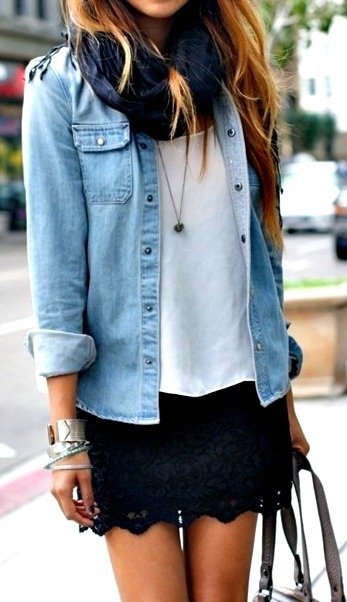 Spring outfit, found: Denim button down. White tee. Lace.